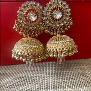 Gold-Tone Jhumka Earrings with Clear Crystal Drops